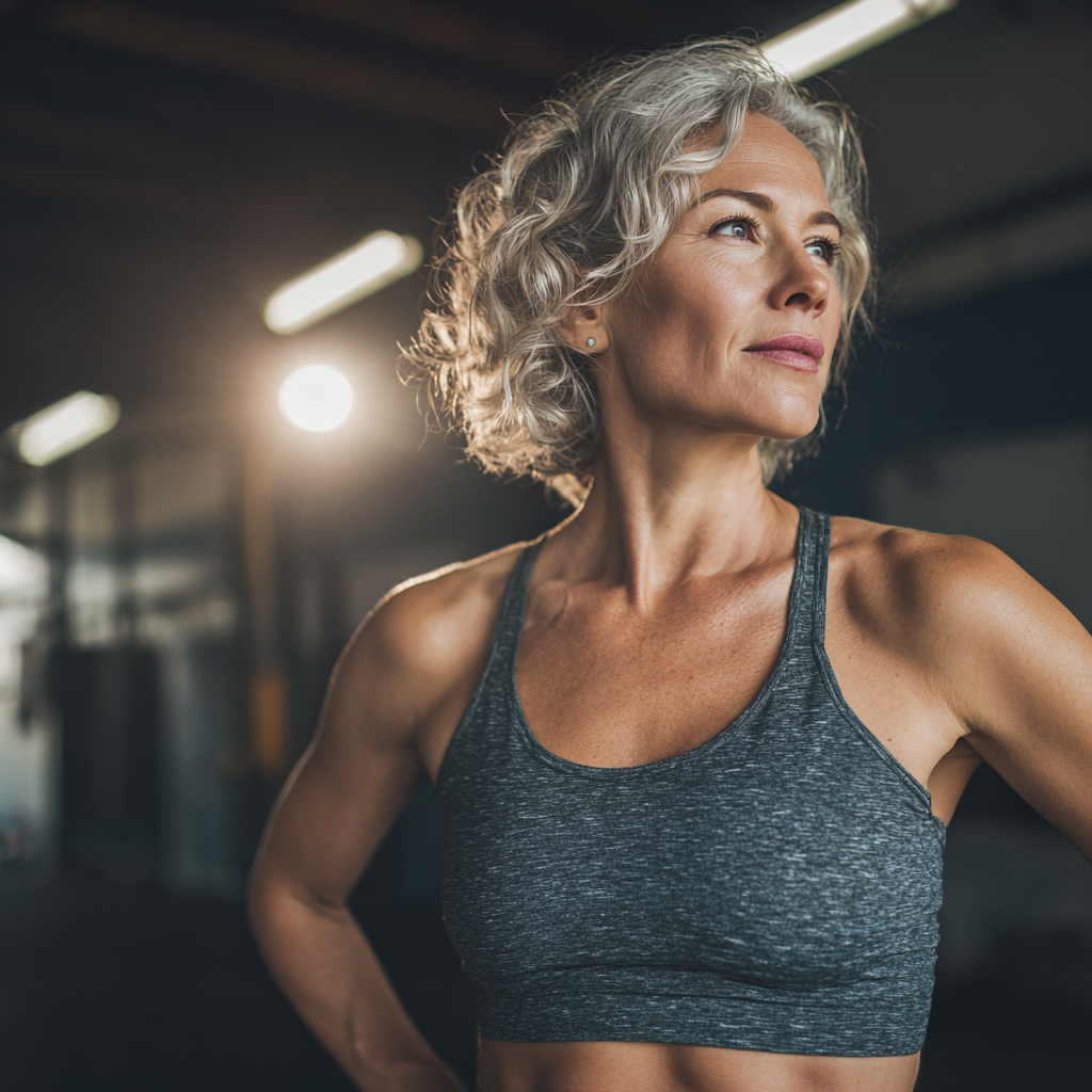 Confident middle-aged woman in sportswear after successful workout session
