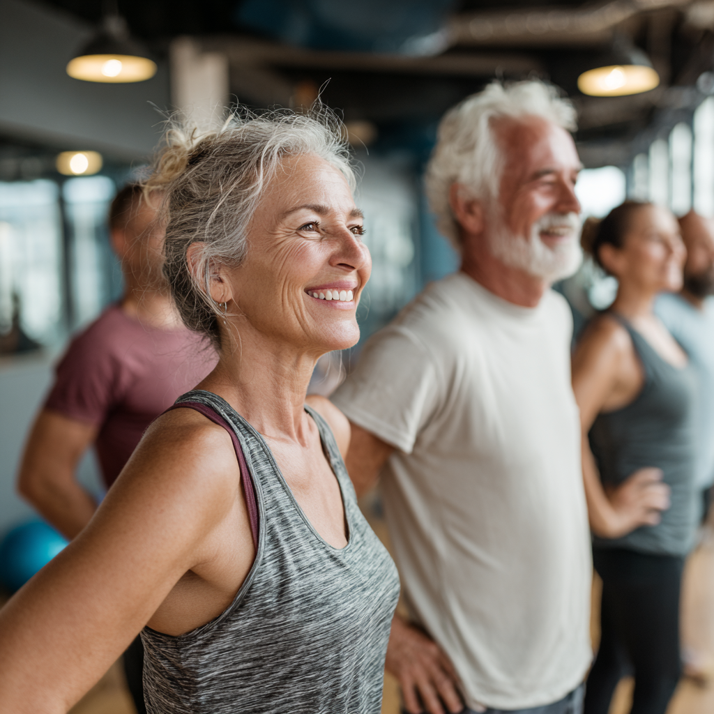 Group of middle-aged people exercising together in modern fitness studio